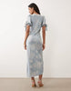 Hope & Ivy satin jacquard lace trim tie sleeve midi dress in pale blue