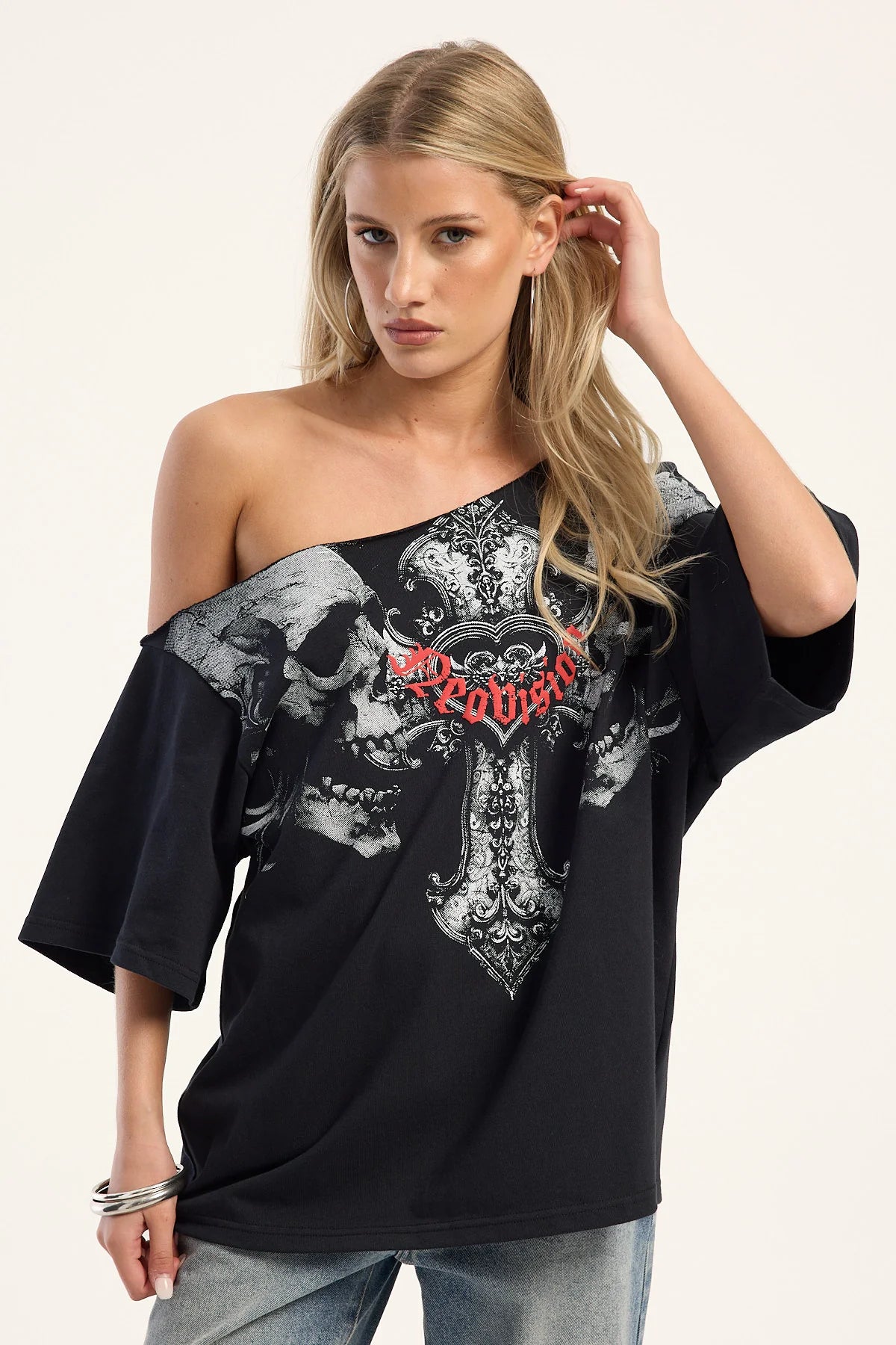 Neovision Reckoning Off Shoulder Relaxed Tee Black