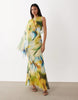 draped batwing asymmetric one sleeve maxi dress in blue floral print