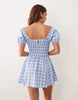 Esmée tie front puff sleeve mini beach dress in blue & white gingham