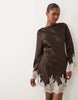 TFNC satin slash neck long sleeve lace detail mini dress in chocolate