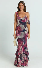Riley Maxi Dress - Asymmetric Ruffle Detail Maxi Dress in Mariache Rose