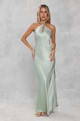 The Delilah Satin Halter Maxi Dress Sage Green