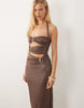 Murci square halterneck cut out hardware detail shimmer maxi dress in chocolate