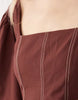 square neck twill mini dress with puff sleeves and contrast stitching in warm chocolate