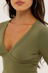 Motel Emesy Long Sleeve V Neck Top Khaki