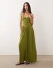 crinkle halter neck midi dress in olive
