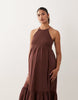 Mamalicious Maternity shirred bodice tiered skirt cami midi dress in chocolate