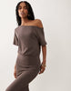 off shoulder blouson midi dress in chocolate