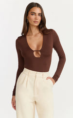 Ricki Bodysuit - Plunge Neck Long Sleeve Bodysuit in Chocolate