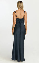 Rumi Maxi Dress - Ruched Bodice Satin Dress in Navy
