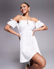 broderie ruffle bardot mini dress in white