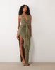 Murci halterneck plunge drape knot detail knit sequin maxi dress in khaki