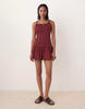 structured cotton sateen tie bust dropped waist mini sundress in rich burgundy