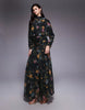 chiffon shirred waist panel godet maxi dress in black floral