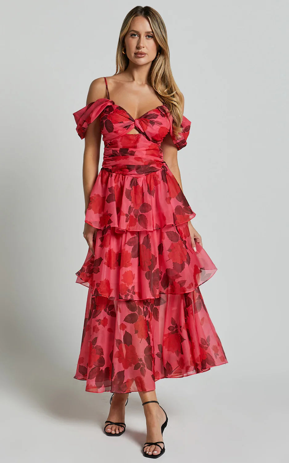 Xena Midi Dress - Off The Shoulder Cut Out Front Layered Dress in Pink Print