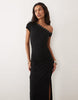 snaps off shoulder midi dress in black