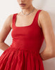 scoop ribbed bodice with poplin skirt mini dress in red