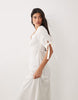 YAS v neck lace trim romantic satin midi dress with tie sleeve details in white