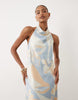 YAS high cowl neck sleeveless satin midi dress in abstract watercolour floral print