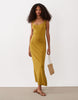 scoop front racer seam detail midi dress in golden green