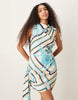 high neck drape detail mini dress in scarf print