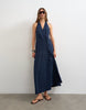 Topshop premium linen rich halter neck wrap maxi dress in dark navy