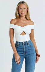 Helen Bodysuit - Twist Off Shoulder Cut Out Bodysuit in White