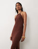 Miss Selfridge linen mix halter maxi dress in chocolate