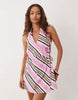 Petite cotton halter neck mini wrap dress in pink stripes