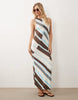 sleeveless maxi dress in blue, brown and cream stripes
