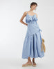poplin puff sleeve midi dress with cinched scarf waist detail in steel blue