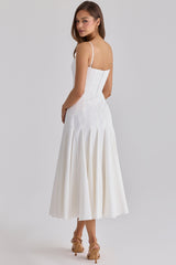 white pleated cotton godet midi dress