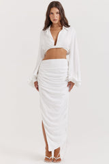 white plunge blouson top