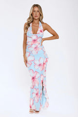 Sweetly Said Mesh Halter Maxi Dress Blue