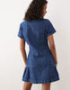 denim pleat hem shirt dress in midwash blue
