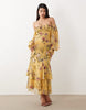 bardot ruffle maxi dress with tiered godets and blouson sleeves in yellow floral
