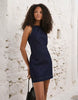denim tie straps a-line mini dress in indigo blue