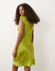 slash neck satin mini dress with lace hem in green