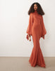high neck maxi dress with godet hem in rust