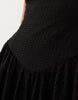 textured midi dress with high low hem in black