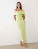 off the shoulder midaxi dress with slit in light green scuba-style fabric