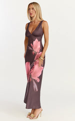 Elowen Midi Dress - Deep V Neck Satin Dress in Floral Print