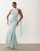 halter maxi dress with scarf detail and ruffle hem in blue