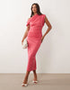 asymmetric off shoulder midi dress in pink scuba-style fabric
