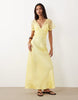 v neck satin maxi dress with lace detail in soft yellow