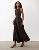 boat neck waist detail midi dress in chocolate