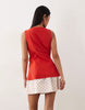 linen blend vest mini dress with poplin skirt in red polka dots