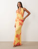 printed mesh halter maxi dress with draped sash detail in yellow floral