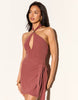 Noughts & Kisses linen blend gold-tone hardware plunge keyhole halterneck wrap skirt detail mini dress in brown